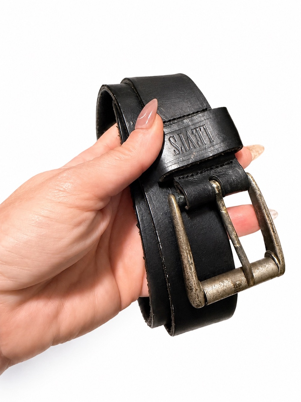 Vintage Levi’s Black Leather Belt with Aged Silver Buckle